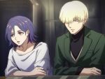  2boys black_shirt blonde_hair blue_eyes blue_hair char_aznable colored_inner_hair elbow_rest green_jacket gundam gundam_gquuuuuux hair_over_one_eye jacket long_sleeves lower_eyelashes_only male_focus multicolored_hair multiple_boys open_mouth purple_hair red_eyes shirouzu_(gundam) shirt short_hair shuji_ito tsubaki_pbwfa turtleneck two-tone_hair upper_body white_shirt 