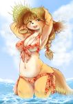  2019 accessory anthro big_breasts big_butt bikini black_nose blonde_hair blue_sky breasts butt canid canine clothing day female fur green_eyes hair hair_accessory hair_tie hands_above_head hat headgear headwear inner_ear_fluff kemono long_hair looking_aside mammal navel neck_tuft open_mouth orange_fur outside partially_submerged ponytail portrait pose raised_arm seaside setouchi_kurage sky slightly_chubby solo straw_hat sunhat swimwear tan_fur teeth three-quarter_portrait tuft water 