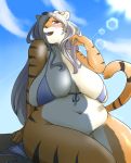  2019 anthro belly big_breasts bikini black_fur black_nose black_stripes blue_sky blush bottomless breasts clothed clothing eyewear felid female fur grey_hair hair hair_over_eye hi_res kemono lens_flare long_hair looking_at_viewer looking_down low-angle_view mammal multicolored_fur navel open_mouth orange_fur outside overweight overweight_female pantherine portrait purple_eyes sitting sky solo striped_fur striped_tail stripes sunglasses swimwear tan_fur three-quarter_portrait tiger ukenya voluptuous 