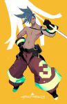  1boy belt blue_eyes blue_hair character_name chest galo_thymos gloves hand_on_hip harurie holding holding_weapon male_focus pants polearm promare shirtless smile spear spiked_hair weapon 