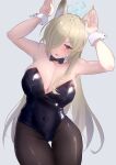  1girl absurdres animal_ear_hairband animal_ears ass_visible_through_thighs black_bow black_bowtie black_leotard black_pantyhose blue_archive blue_halo bow bowtie breasts cleavage covered_navel detached_collar dog_ears fake_animal_ears fishnet_pantyhose fishnets grey_background hairband halo highres kanna_(blue_archive) large_breasts leotard nontraditional_playboy_bunny pantyhose rabbit_pose rabbit_tail sharp_teeth simple_background solo strapless strapless_leotard tail teeth thigh_gap wrist_cuffs y3_(user_heyx5852) 