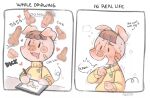 2021 2_panel_comic anthro balls band-aid bandage black_eyes black_pubes black_text blush blush_stickers blushing_profusely bodily_fluids brown_hair censored censored_genitalia censored_penis clothed clothed_anthro clothed_female clothing comic creating_art digital_media_(artwork) domestic_pig drawing_pen drawing_tablet drooling ellipsis english_text eyebrows eyelashes fangs female female_anthro genitals glans hair heart_nose heart_print_topwear heart_symbol hi_res highlights_(coloring) holding_drawing_pen holding_object humanoid_genitalia humanoid_penis japanese_text mammal milkypuff mosaic_censorship open_mouth open_smile penis penis_with_face pink_blush pink_body pink_ears pink_glans pink_heart pink_tongue print_clothing print_sweater print_topwear pubes saliva smile solo stuttering suid suine sus_(pig) sweater tan_balls tan_body tan_penis tan_skin teeth text thinking_about_penis tongue topwear yellow_clothing yellow_sweater yellow_topwear