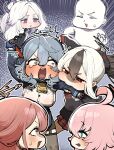  1boy 4girls ^^^ absurdres ahoge ako_(blue_archive) animal_collar aru_(blue_archive) bell biting biting_another&#039;s_arm black_gloves black_hair black_hoodie black_skirt blank_eyes blue_archive blue_background blue_collar blue_eyes blue_hairband blue_halo blue_jacket blush breasts chroong collar cowbell demon_horns doodle_sensei_(blue_archive) double-parted_bangs emphasis_lines flying_sweatdrops garter_straps gloves grey_halo gun hair_between_eyes hair_ribbon hairband half_gloves half_updo halo handgun highres hina_(blue_archive) holding holding_gun holding_weapon hood hoodie horns jacket kayoko_(blue_archive) large_breasts long_hair long_sleeves looking_at_another luger_p08 multicolored_hair multiple_girls neck_bell open_mouth parted_bangs pink_hair pink_halo plaid_clothes plaid_skirt pleated_skirt ponytail purple_eyes red_eyes red_ribbon red_skirt ribbon screaming sensei_(blue_archive) shaded_face shirt sideboob sideless_shirt skirt smile sweatdrop tearing_up two-tone_hair v-shaped_eyebrows wavy_hair weapon white_hair white_shirt 