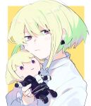  1boy androgynous blush closed_mouth earrings green_hair hair_between_eyes highres holding holding_toy jewelry lio_fotia looking_to_the_side male_focus moegi0926 promare purple_eyes shirt short_hair simple_background solo stuffed_toy toy trap upper_body white_shirt 
