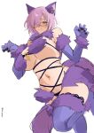  1girl absurdres animal_ears breasts elbow_gloves fate/grand_order fate_(series) fur-trimmed_gloves fur-trimmed_legwear fur_bikini fur_collar fur_trim glasses gloves halloween_costume highres lace-trimmed_legwear lace_trim large_breasts looking_at_viewer mash_kyrielight mash_kyrielight_(dangerous_beast) navel o-ring o-ring_top pinepin purple_eyes purple_gloves purple_tail purple_thighhighs revealing_clothes short_hair solo tail thighhighs wolf_ears wolf_tail 