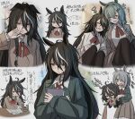  2girls absurdres animal_ears black_hair black_pantyhose book braid brown_skirt brown_sweater closed_eyes closed_mouth green_eyes green_jacket grey_hair hair_between_eyes hair_over_one_eye heterochromia highres holding holding_book jacket leogust long_hair looking_at_viewer multiple_girls original pantyhose red_eyes red_ribbon ribbon shirt short_hair sidelocks single_braid skirt sweater white_shirt yellow_eyes 