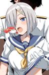  1boy 1girl admiral_(kancolle) belko blue_eyes blue_sailor_collar blush breasts chopsticks commentary faceless faceless_male feeding food gloves grabbing_another&#039;s_breast grabbing_from_behind groping hair_ornament hair_over_one_eye hamakaze_(kancolle) hand_under_clothes hetero highres holding holding_chopsticks kantai_collection large_breasts long_sleeves neckerchief open_mouth sailor_collar school_uniform serafuku shaded_face short_hair short_sleeves solo_focus sushi symbol-only_commentary teeth upper_body upper_teeth_only white_gloves yellow_neckerchief 