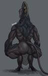  1boy ass broly_culo_(meme) disembodied_eye elden_ring elden_ring_nightreign extra_eyes from_behind full_body goat_horns grey_background highres horns iiimp libra_(elden_ring) meme solo squatting tail twitter_username very_big_eyes 