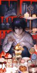  1boy absurdres bags_under_eyes black_eyes black_hair blue_pants blurry bottle cake cake_slice candy chocolate_chip_cookie commentary cookie cup death_note depth_of_field dessert food fruit hair_between_eyes hand_up hands_up highres holding holding_spoon huli_xiaobai ice_cream ice_cream_spoon jar l_(death_note) lollipop long_sleeves looking_at_viewer macaron male_focus marshmallow pants parfait plastic_wrap plate pov_across_table pudding red_background red_bean_paste shirt short_hair single_scoop sleeves_past_wrists solo spoon squatting straight-on strawberry strawberry_shortcake sundae swirl_lollipop tiered_tray user_zenn5372 whipped_cream white_shirt 