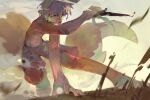 anthro blue_eyes blue_markings bottomwear canid canine carbonizedaki clothed clothing dagger fur grey_bottomwear grey_clothing grey_hair grey_shorts hair hi_res holding_dagger holding_melee_weapon holding_object holding_weapon male mammal markings melee_weapon orange_body orange_fur orange_tail outside short_hair shorts solo tail topless weapon white_body white_fur white_tail