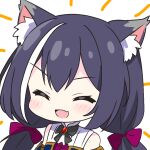  1girl :d ^_^ animal_ear_fluff animal_ears bare_shoulders black_bow black_bowtie blush bow bowtie cat_ears cat_girl chibi chibi_only closed_eyes commentary_request karyl_(princess_connect!) kotatsu-mazoku low_twintails multicolored_hair open_mouth portrait princess_connect! purple_hair simple_background smile solo streaked_hair twintails white_background white_hair 