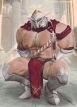  1boy abs arknights arms_behind_back bara bozi_(17030417) bulge cape chest_hair english_commentary halo helmet highres loincloth male_focus muscular muscular_male nipples pectorals red_cape red_loincloth sankta_miksaparato_(arknights) squatting topless_male 