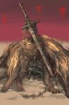  1boy 1other black_boots blue_surcoat boots brown_gloves cerberus chain claws elden_ring elden_ring_nightreign full_body giant giant_monster gladius_(elden_ring) gloves helmet highres huge_weapon in-universe_location monster nira_(nira_box) on_ground outdoors planted planted_sword sand sitting sword teeth tongue weapon winged_helmet wylder_(elden_ring) 