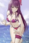  1girl bikini bracelet breasts cleavage cloud cloudy_sky fate/grand_order fate_(series) flower hair_flower hair_intakes hair_ornament hibiscus jewelry large_breasts leg_garter massie navel ocean outdoors pink_bikini purple_bikini purple_hair red_eyes scathach_(fate)_(all) scathach_(swimsuit_assassin)_(fate) sky smile solo splashing swimsuit 