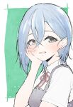  1girl :d blue_hair blush border breasts collared_shirt commentary crossed_bangs dress dress_shirt earrings green_background grey_dress hair_between_eyes hand_on_own_cheek hand_on_own_face highres jewelry katsuragi_(webmaster909) love_live! love_live!_superstar!! medium_breasts neck_ribbon open_mouth outside_border partially_colored pinafore_dress red_ribbon ribbon shirt short_hair short_sleeves simple_background sleeveless sleeveless_dress smile solo stud_earrings summer_uniform upper_body wakana_shiki white_border white_shirt 