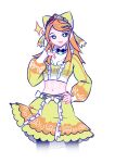  1girl abs black_bow black_bowtie bow bowtie crop_top etie_(fire_emblem) fire_emblem fire_emblem_engage floralprotector gem green_bow green_eyes green_shirt green_skirt highres hooded_top orange_gemstone orange_hair shirt skirt solo swept_bangs tiara 