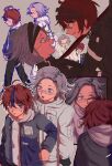  2boys :d ahoge aotsuki_eito arm_up black_gloves black_pants black_streaks blue_eyes blue_jacket blue_outline blush breast_pocket closed_eyes crying crying_with_eyes_open different_reflection drawstring evil_smile gakuran glasses gloves grey_background grey_hair grey_jacket highres holding holding_sword holding_weapon hood hoodie jacket koka-ka_metoro last_defense_academy_school_uniform looking_at_another looking_at_mirror male_focus mirror multicolored_hair multicolored_jacket multiple_boys multiple_views nose_blush one_eye_closed outline pants pocket purple_eyes red_hair reflection school_uniform short_hair simple_background smile sparkle spoilers streaked_hair sumino_takumi sunglasses sword tears the_hundred_line_-last_defense_academy- thigh_strap two-tone_jacket weapon white_hoodie white_jacket white_outline wide-eyed yaoi 