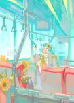  1girl :d aqua_hair aqua_theme arm_up chi_chi3939 choker closed_eyes dated_commentary flower hair_flower hair_ornament hand_grip hatsune_miku highres miku_day off-shoulder_shirt off_shoulder overall_shorts overalls shirt smile solo strap_slip sunflower twintails unzipped vocaloid waving zipper_pull_tab 