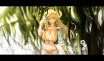  1girl absurdres bikini blue_archive blush breasts brown_hair cleavage closed_mouth commentary english_commentary flower green_eyes green_halo halo hand_up hat hat_flower highres large_breasts letterboxed long_hair navel nonomi_(blue_archive) nonomi_(swimsuit)_(blue_archive) official_alternate_costume side-tie_bikini_bottom smile solo string_bikini sun_hat swimsuit tagua thighs white_hat yellow_bikini 
