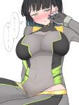  1girl black_hair blue_hair blunt_bangs blush bob_cut bodysuit breasts commentary cosplay covered_collarbone covered_navel embarrassed flying_sweatdrops gradient_hair green_eyes grey_bodysuit half-closed_eyes highres hip_vent large_breasts link!_like!_love_live! liz_(piyoko_piyop) long_sleeves looking_at_viewer love_live! momose_ginko multicolored_hair official_alternate_costume official_alternate_hair_color short_hair simple_background sitting sketch skin_tight solo speech_bubble symbol-only_commentary thought_bubble translation_request virtual_youtuber white_background 