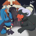 1:1 animal_genitalia animal_penis anthro arcanine bent_over bodily_fluids collar cum cum_in_ass cum_inside equine_genitalia equine_penis generation_1_pokemon generation_2_pokemon generation_4_pokemon genital_fluids genitals group group_sex hand_on_belly houndoom licking lucario male male/male moofles123 nintendo oral penile penis penis_lick pokemon pokemon_(species) sex team_rocket tongue