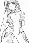  1girl blunt_bangs blush bodysuit breast_suppress breasts commentary_request cosplay covered_navel cowboy_shot embarrassed flipped_hair greyscale hatching_(texture) highres kaudon large_breasts linear_hatching link!_like!_love_live! looking_at_viewer love_live! momose_ginko monochrome nose_blush official_alternate_costume short_hair simple_background sketch solo virtual_youtuber white_background 