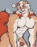  1boy abs arknights artist_name ass bara blush colored_tips completely_nude english_commentary erection fang furry furry_male grey_background heart highres horns hung_(arknights) jcxraf komainu_boy komainu_ears komainu_tail looking_at_viewer male_focus multicolored_hair muscular muscular_male nude open_mouth pectorals penis precum single_horn smile speech_bubble spoken_heart tail tail_wagging 