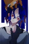  1boy blue_background blue_hair colored_inner_hair conch_(gundam) gloves gundam gundam_gquuuuuux highres kami_taberu male_focus multicolored_hair non-humanoid_robot red_eyes red_hair robot shirt short_hair shuji_ito solo two-tone_hair upper_body white_shirt 