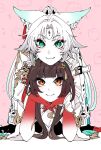  2girls :3 animal_ears aqua_eyes ayunyan_pere blunt_bangs brown_hair closed_mouth colored_skin diamond-shaped_pupils diamond_(shape) dragon_girl elbows_on_table eyeshadow feixiao_(honkai:_star_rail) forehead_jewel fox_ears fox_girl hands_on_own_chin head_on_head head_rest honkai:_star_rail honkai_(series) jacket lingsha_(honkai:_star_rail) long_hair looking_ahead looking_at_viewer makeup medium_hair multicolored_eyes multiple_girls orange_eyes pink_background red_eyes red_eyeshadow ringed_eyes scales smile spiked_hair symbol-shaped_pupils white_hair white_jacket white_skin 