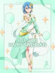  1girl anklet aqua_dress armpit_crease balloon bare_shoulders barefoot blue_hair character_name collarbone commentary_request crossed_bangs dated detached_sleeves dress earrings flower grid_background hair_between_eyes hair_flower hair_ornament happy_birthday highres jewelry long_dress long_sleeves love_live! love_live!_superstar!! official_alternate_costume official_art orange_eyes single_detached_sleeve solo sparkle_background toes wakana_shiki yellow_flower 