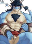  1boy abs another_eidos-r artist_name bara blush chest_hair cloaca cuntboy dragon_boy dragon_ears dragon_horns dragon_tail english_commentary fingering folker_(another_eidos) furry furry_male heart highres horns jcxraf male_focus muscular muscular_male nipples pectorals smile speech_bubble spoken_heart tail undressing white_background 