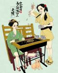 2girls absurdres artist_logo black_hair black_sash cat commentary english_commentary food full_body geta green_kimono green_sash hair_bobbles hair_ornament hair_stick highres japanese_clothes kimono logo multiple_girls obi original osaka_prefecture sandals sash sei5osuzuki sitting standing steak tabi yellow_kimono 