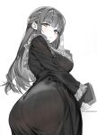  1girl ass ass_focus black_dress blush book breasts dress fern_(sousou_no_frieren) frilled_dress frills from_below hair_between_eyes harutoyumaarts highres holding holding_book large_breasts long_hair looking_at_viewer looking_back looking_down monochrome partially_colored simple_background solo sousou_no_frieren twitter_username white_background 