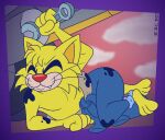2025 anthro artist_name blonde_hair blue_coveralls clothed clothing coveralls digital_media_(artwork) domestic_cat eyes_closed fangs felid feline felis fur gavanzude hair hi_res holding_object holding_tool holding_wrench low-angle_view male mammal multicolored_body multicolored_clothing multicolored_fur nintendo oil red_nose repair sharp_teeth solo spitz_(warioware) tan_body tan_fur teeth text three-quarter_view tools topless two_tone_body two_tone_clothing two_tone_fur vehicle warioware whiskers wrench yellow_body yellow_ears yellow_fur