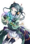  1girl belt braid camera double_bun dress green_dress green_eyes hair_bun headset highres looking_at_viewer mecha_musume niwa_circle original personification satellite second-party_source skirt solo twin_braids white_skirt 