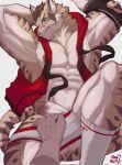  1boy abs animal_ears armpits arms_up artist_name bara blush cat_boy cat_ears cat_tail clenched_teeth clothes_pull english_commentary erection fangs furry furry_male green_eyes highres hood hooded_jacket jacket jcxraf looking_at_viewer male_focus muscular muscular_male navel nekojishi nipples open_clothes open_jacket pectorals penis precum profile red_jacket shorts shorts_pull shu_chi_(nekojishi) sleeveless sleeveless_jacket socks sweatdrop tail teeth white_background white_socks 