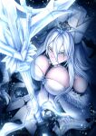  1girl absurdres azur_lane bare_shoulders black_gloves breasts cleavage coat english_commentary from_above fur-trimmed_coat fur_trim gloves hair_between_eyes hat highres holding holding_staff junedxu large_breasts long_hair_between_eyes looking_at_viewer solo sovetsky_soyuz_(azur_lane) staff white_coat white_hair white_hat 
