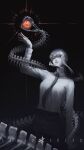  1girl :3 absurdres arm_at_side arm_up artist_name black_background black_eyes black_necktie black_pants blunt_bangs braid braided_ponytail chainsaw_man closed_mouth collared_shirt cowboy_shot demon_girl fangs flower formal_clothes greyscale hair_flower hair_ornament head_tilt high-waist_pants highres light_rays long_hair long_sidelocks long_sleeves looking_at_another looking_up makima_(chainsaw_man) monochrome necktie office_lady open_mouth pants partially_colored pochita_(chainsaw_man) ringed_eyes shirt shirt_tucked_in sidelocks simple_background single_braid smile snake squidsmith white_shirt yellow_eyes 
