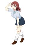  1girl arm_up blue_eyes blue_shirt blue_skirt breasts brown_hair brown_shoes collared_shirt commentary_request corrupted_twitter_file dress_shirt emma_verde freckles full_body highres kneehighs large_breasts leaning_forward loafers long_hair loose_socks love_live! love_live!_nijigasaki_high_school_idol_club miniskirt nijigasaki_school_uniform pleated_skirt rainen_no_natsu_mo school_uniform shirt shoes short_sleeves simple_background skirt socks solo summer_uniform w w_over_eye white_background white_socks 