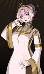  1girl absurdres black_background black_lips black_nails breasts cowboy_shot dark_souls_(series) dark_souls_ii dress gradient_background green_eyes hair_bun highres jewelry layered_sleeves long_sleeves makeup mascara nashandra necklace ninelean solo tiara white_dress wide_sleeves 