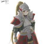  1girl absurdres armor blonde_hair fire_emblem fire_emblem_engage full_armor grey_armor high_ponytail highres jade_(fire_emblem) kogepanover long_hair looking_at_viewer plate_armor ponytail solo very_long_hair visor_(armor) yellow_eyes 