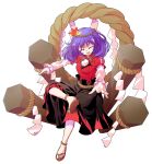  1girl alphes_(style) anklet commentary_request crossed_legs dairi full_body hair_ornament highres jewelry leaf leaf_hair_ornament long_skirt looking_at_viewer maple_leaf onbashira outstretched_arms parody purple_hair red_eyes rope sandals shimenawa sitting skirt smile solo style_parody tachi-e touhou transparent_background tunic yasaka_kanako 