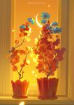  artist_name crescent_moon english_text evening flower flower_pot highres huhv. moon no_humans orange_theme original plant potted_plant scenery sunset watermark window 