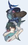  1girl absurdres black_hair black_pantyhose blue_skirt colored_inner_hair ellen_joe ellen_joe_(on_campus) fins fish_tail full_moon hairband hamita_(rikopin_ika) highres hugging_object lollipop_in_mouth looking_at_viewer lying metal_hairband mole mole_under_eye moon multicolored_hair pantyhose pleated_skirt red_eyes red_nails scar scar_on_tail school_uniform shark_girl shark_tail shirt skirt sleeves_rolled_up stuffed_animal stuffed_toy tail white_shirt zenless_zone_zero 