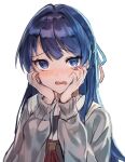  1girl blue_eyes blue_hair blue_ribbon blush brown_cardigan cardigan embarrassed hair_intakes hair_ribbon half_updo hasu_no_sora_school_uniform highres link!_like!_love_live! long_hair long_sleeves looking_at_viewer love_live! murano_sayaka neckerchief nose_blush open_cardigan open_clothes open_mouth peanut_mouth popupi_12 raised_inner_eyebrows red_neckerchief red_ribbon ribbon sailor_collar school_uniform simple_background solo upper_body virtual_youtuber white_background white_sailor_collar winter_uniform 