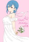  1girl armpit_crease bare_shoulders blue_hair blush breasts character_name cowboy_shot crossed_bangs detached_sleeves drawn_crown dress earrings flower frilled_dress frills from_side hair_between_eyes hair_ribbon happy_birthday highres holding holding_flower jewelry lily_(flower) looking_at_viewer love_live! love_live!_superstar!! medium_breasts medium_hair orange_eyes pink_background ribbon simple_background solo sou_(sxy122126) strapless strapless_dress stud_earrings wakana_shiki white_dress white_flower white_ribbon 