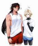  ... 2boys ? absurdres alternate_costume asura_(onmyoji) bishounen black_hair black_nails blonde_hair blue_shorts bridge_piercing closed_mouth collarbone commentary_request compression_shirt cowboy_shot cropped_legs face_piercing green_eyes headband height_difference highres konsai_2 long_hair looking_at_viewer male_focus multicolored_hair multiple_boys muscular muscular_male no_facial_mark no_tattoo onmyoji pectorals piercing red_hair red_shorts shirt short_hair short_shorts shorts simple_background skinny streaked_hair taishakuten_(onmyoji) tank_top two-tone_hair white_background white_shirt white_tank_top 