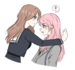  2girls bang_dream! bang_dream!_it&#039;s_mygo!!!!! blue_eyes blush brown_hair chihaya_anon closed_mouth commentary_request grey_jacket haneoka_school_uniform highres jacket kabedon korean_commentary long_hair long_sleeves multiple_girls nagasaki_soyo open_mouth pink_hair school_uniform sidelocks simple_background teeth tsukinomori_school_uniform u2ka10ve upper_teeth_only wavy_mouth white_background yuri 