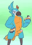  amber_eyes anthro avian balls beckoning breath_of_the_wild erection feathers gesture half-closed_eyes hand_on_hip hi_res humanoid_penis kass_(tloz) looking_at_viewer male navel nintendo penis rito simple_background smile solo the_legend_of_zelda ultilix video_games 