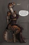 anthro bdsm black_clothing black_dress bondage bound breasts brown_body chair clothing dinosaur dress english_text female furniture gag gagged matilda_(raphael) muzzle_gag non-mammal_breasts prehistoric_species reptile restraints rope rope_bondage scalie solo spiritalpha striped_body stripes tail tape tape_gag text theropod tyrannosaurid tyrannosauroid tyrannosaurus tyrannosaurus_rex